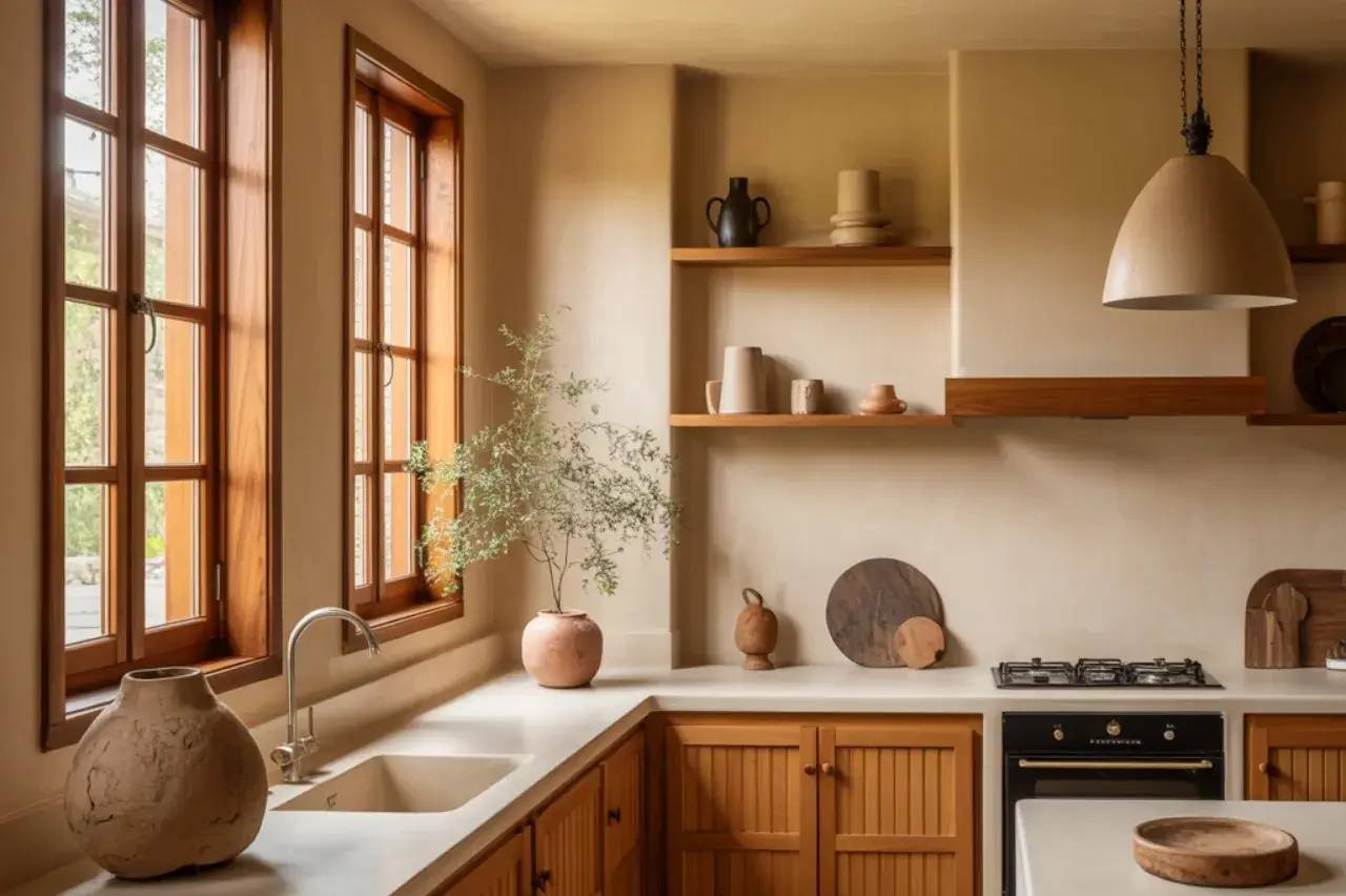 Une cuisine élégante et minimaliste aux tons neutres, avec des étagères en bois ouvertes, un évier moderne, et des fenêtres en