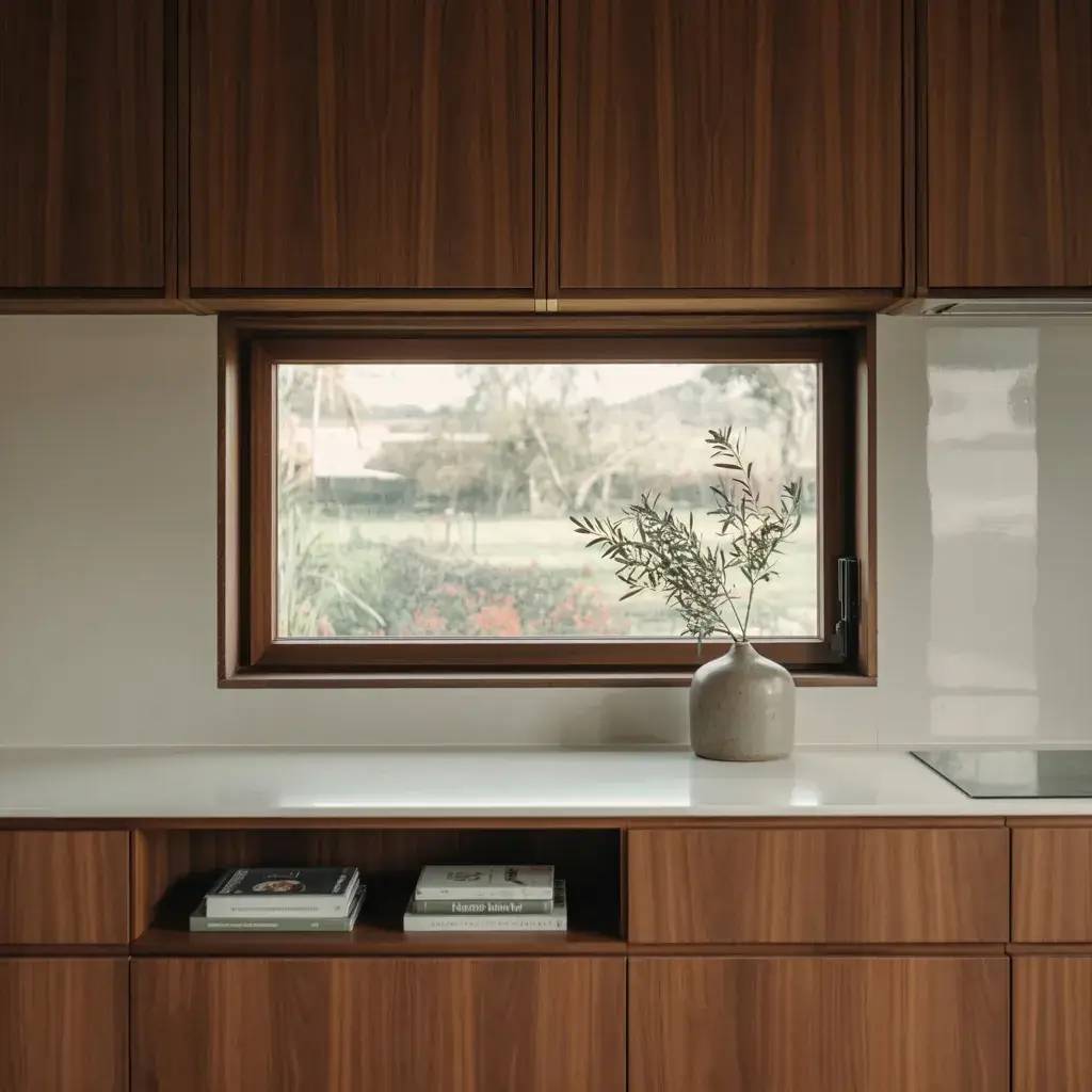 Un intérieur moderne et épuré avec des armoires en bois, une fenêtre offrant une vue sur la nature, et un vase en céramique contenant