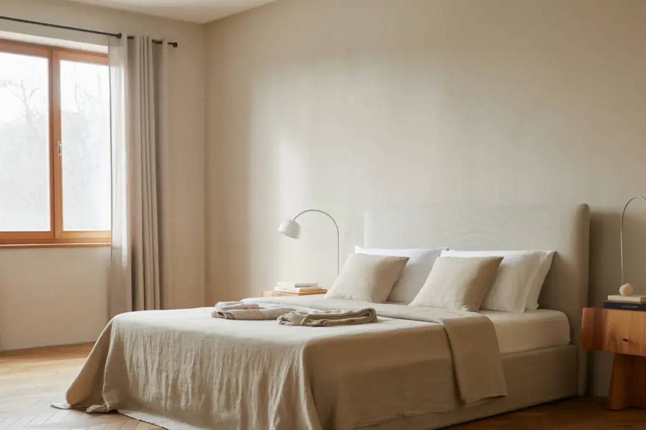 Une chambre lumineuse et minimaliste avec un lit au linge beige, des coussins assortis, une lampe de chevet moderne et une grande fenêtre