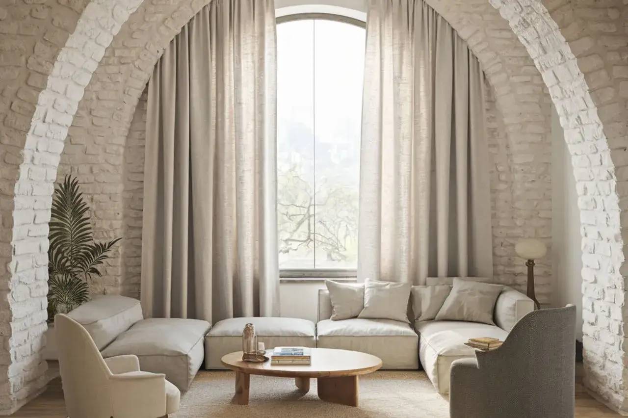 Un salon élégant et lumineux avec des murs en briques blanchies, un canapé modulable beige, une grande fenêtre cintrée et une table basse