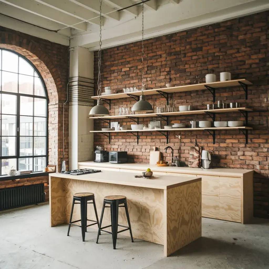Cuisine de style industriel avec murs en briques apparentes, un îlot central en bois et des étagères ouvertes.