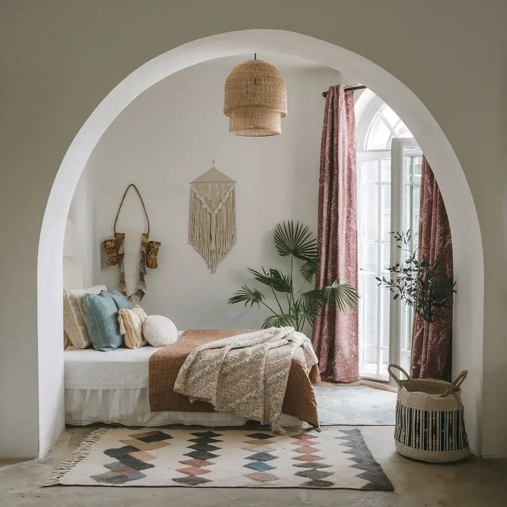 Cette image montre une chambre à la décoration bohème avec des éléments naturels comme des plantes, des tapis tissés et des rideaux à motifs.