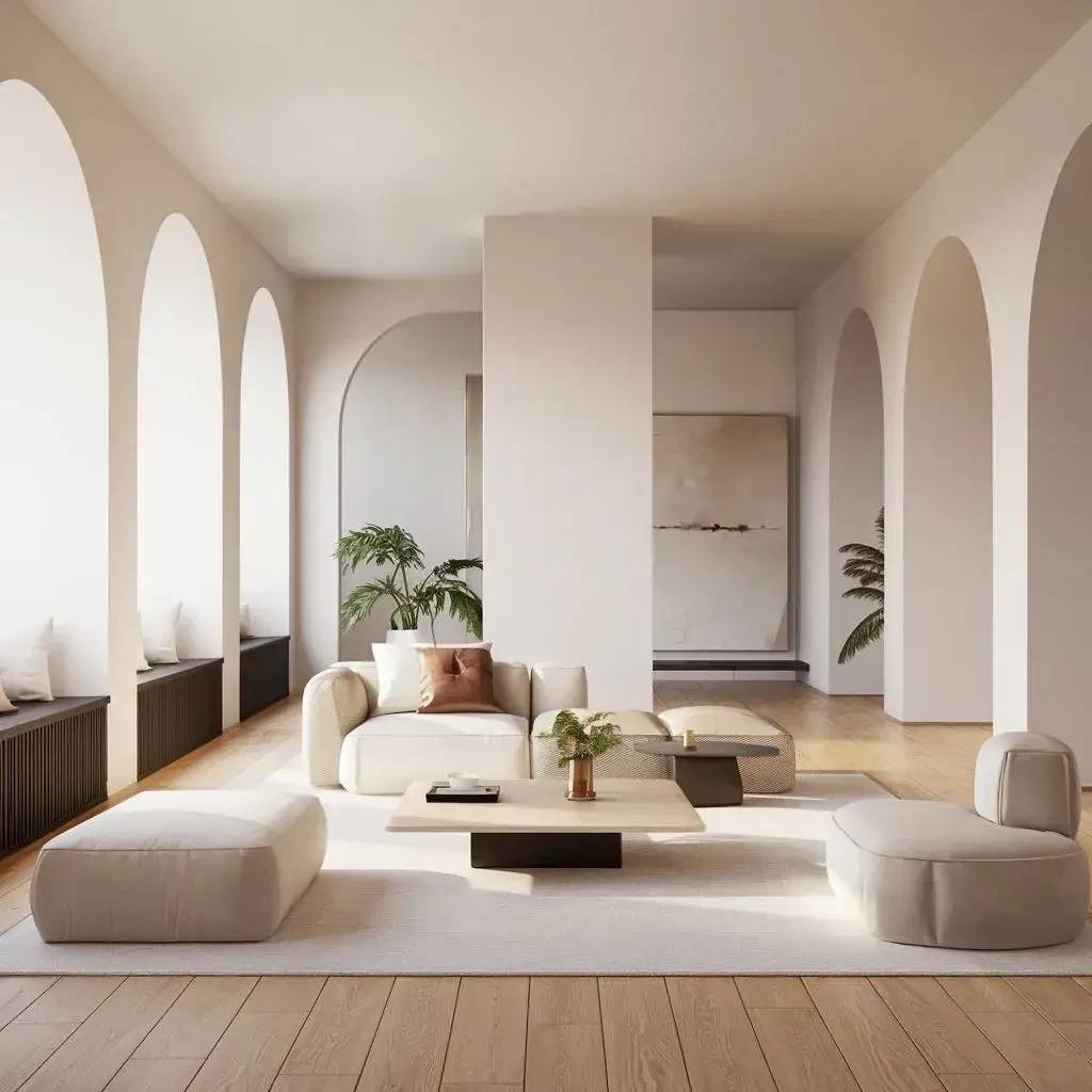 Cette image montre un salon moderne et lumineux avec des arches élégantes, des meubles minimalistes et des plantes d'intérieur.