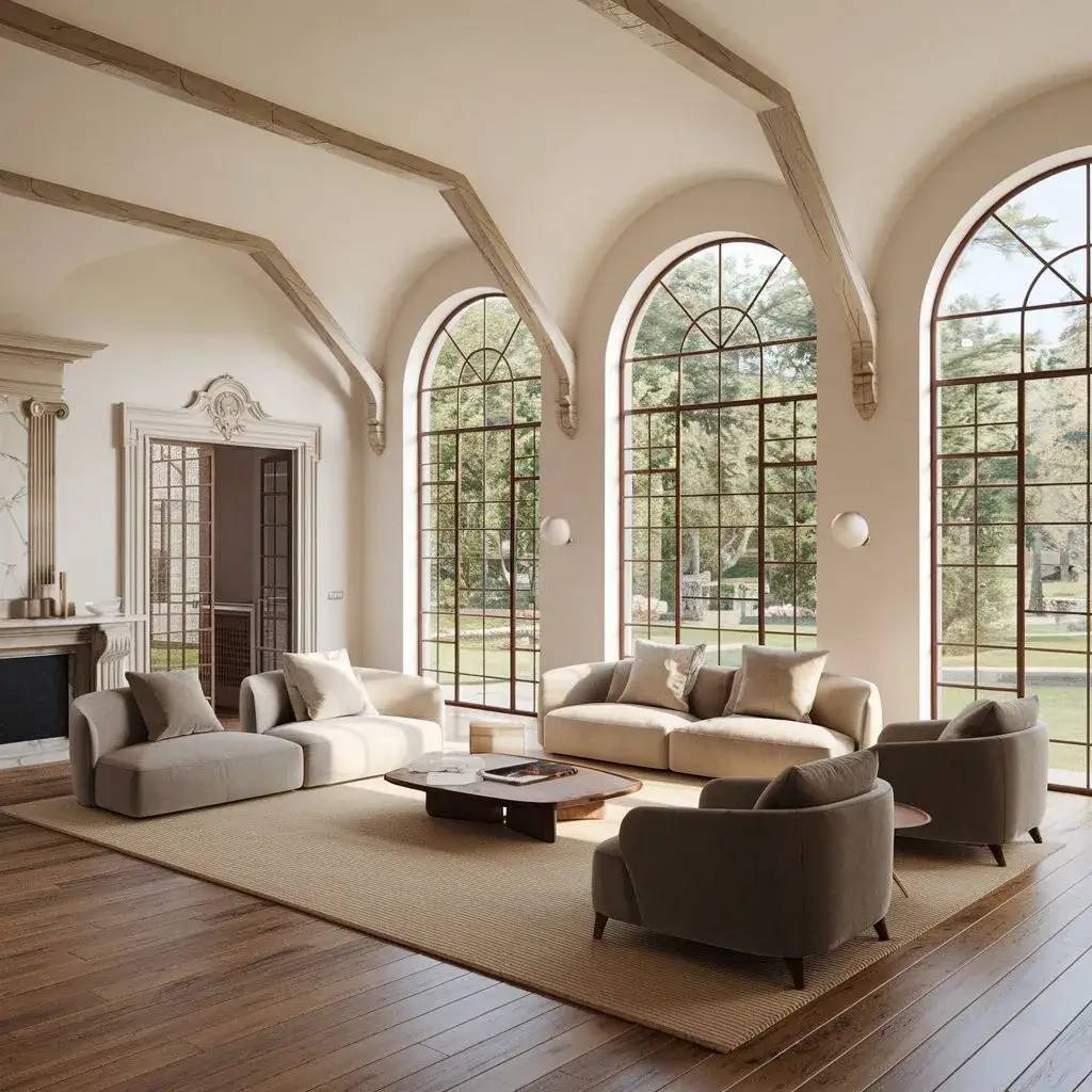 Un salon lumineux avec de grandes fenêtres cintrées, du mobilier moderne et un sol en bois chaleureux.