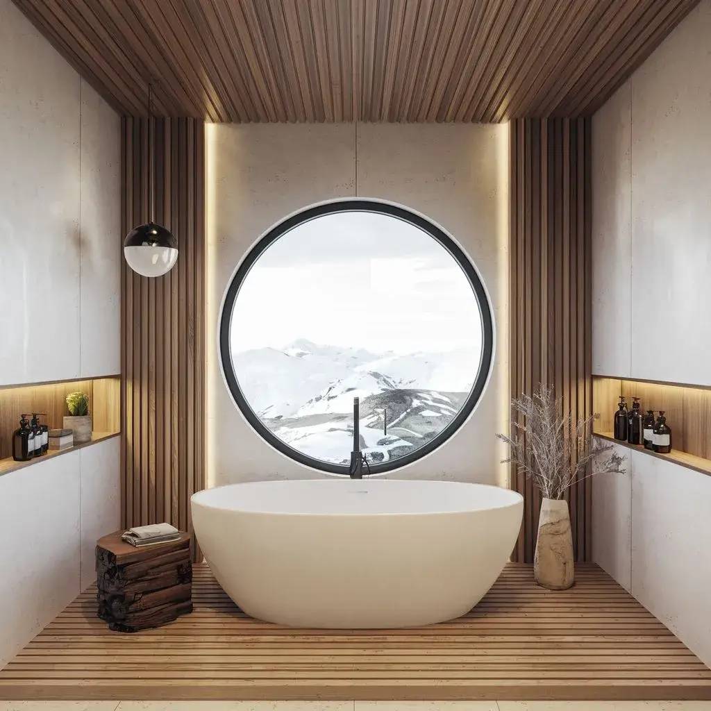 Une salle de bain moderne avec une baignoire ovale et une grande fenêtre circulaire offrant une vue sur des montagnes enneigées.