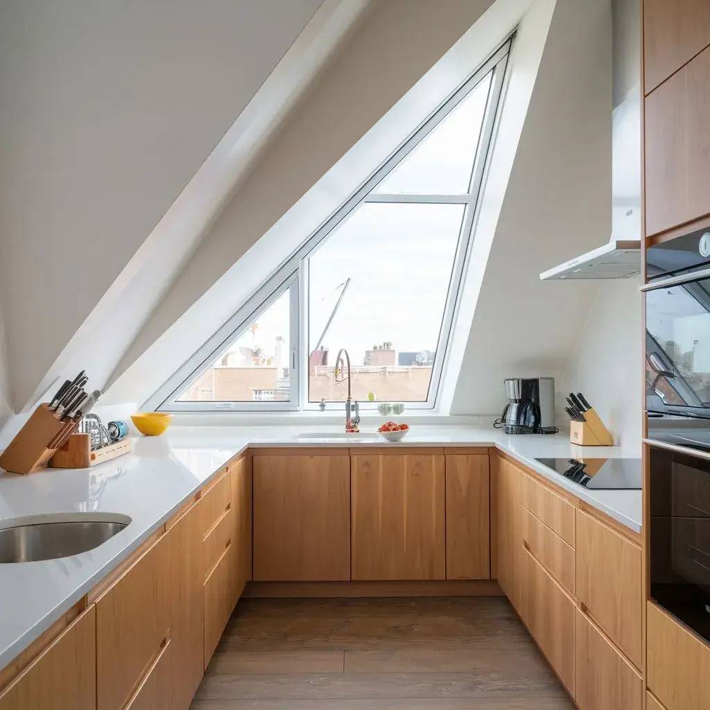 Une cuisine moderne et lumineuse avec des armoires en bois clair, un comptoir blanc et une grande fenêtre en pente offrant une vue urbaine