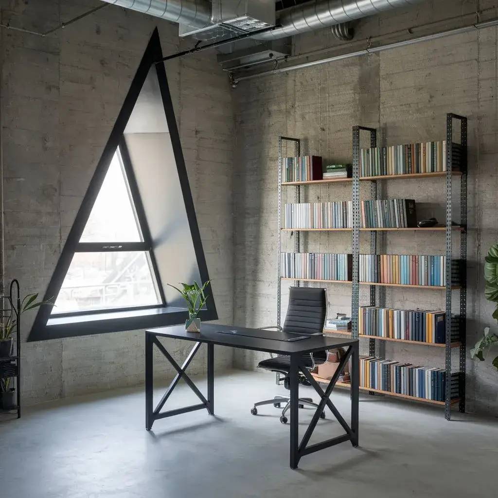 Un bureau moderne avec une fenêtre triangulaire distinctive, une bibliothèque et un espace de travail minimaliste.