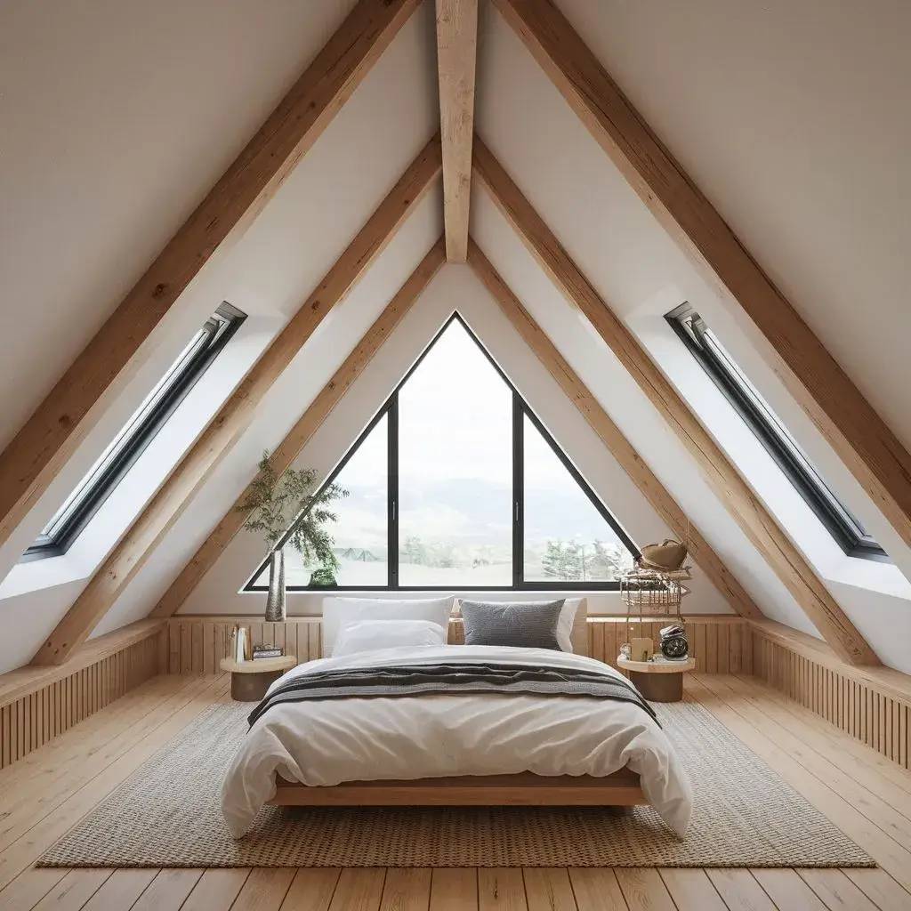 Une chambre sous les combles avec des poutres apparentes en bois, un lit confortable et de grandes fenêtres triangulaires offrant une vue panoramique
