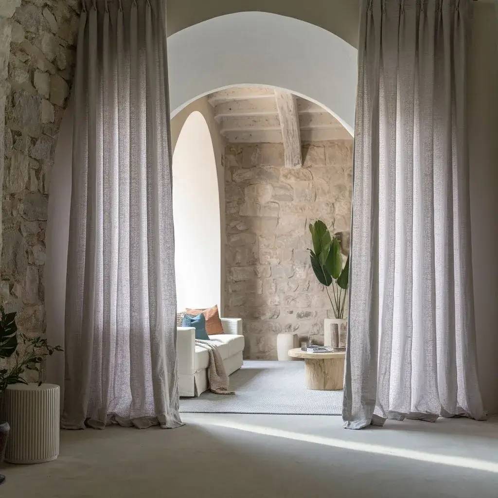 Un salon élégant et lumineux avec des murs en pierre, un canapé blanc, et des rideaux gris encadrant une grande arche.