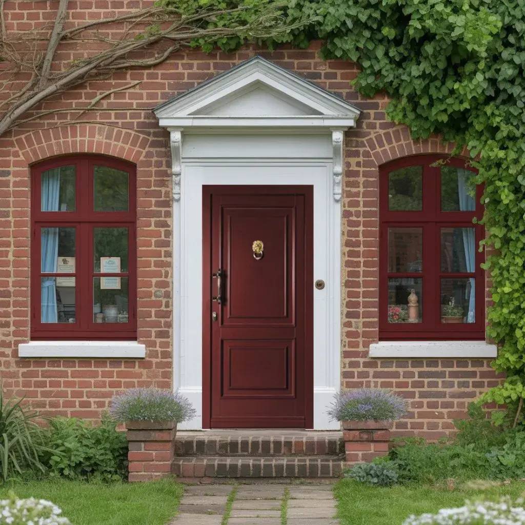 Façade en brique avec porte rouge bordeaux encadrée de fenêtres assorties et entourée de verdure.