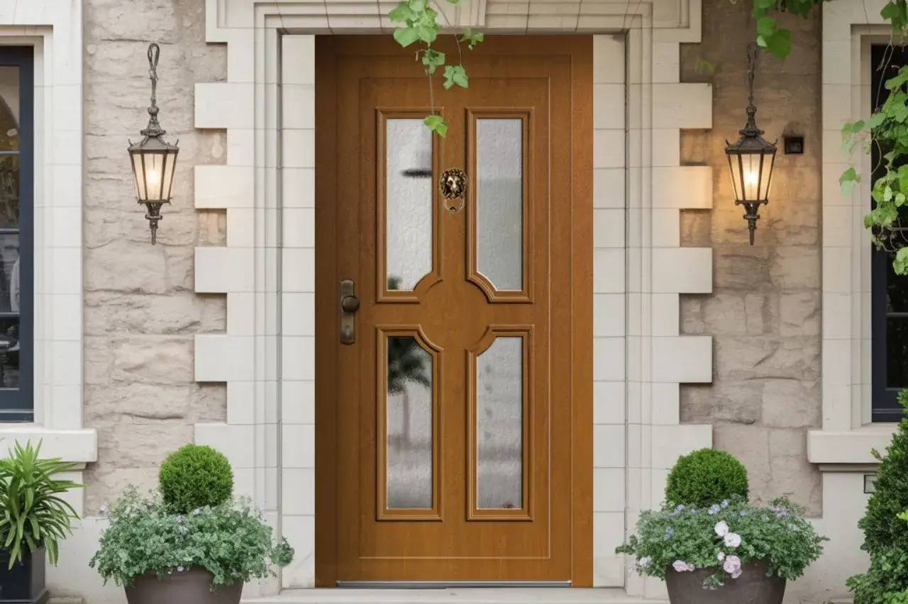 Porte d'entrée en bois avec panneaux de verre décoratifs encadrée par des murs en pierre et ornée de deux lanternes, flanqu