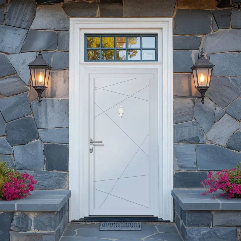 Une porte d'entrée moderne blanche avec des motifs géométriques est encadrée par un mur en pierre grise, ornée de deux appliques