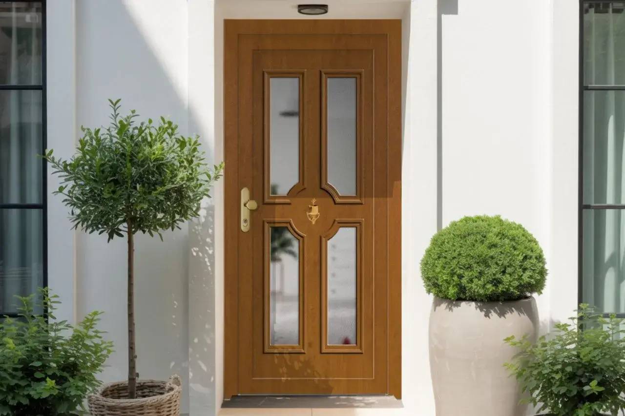 Porte en bois élégante avec des vitraux, encadrée de plantes en pot devant une façade blanche lumineuse.