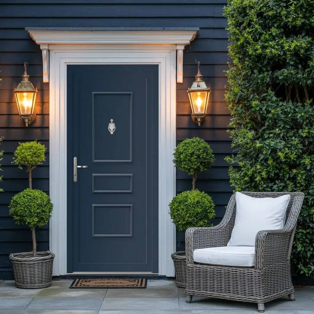 Entrée élégante avec une porte bleue entourée de lanternes allumées, des plantes en pot et un fauteuil en osier sur une