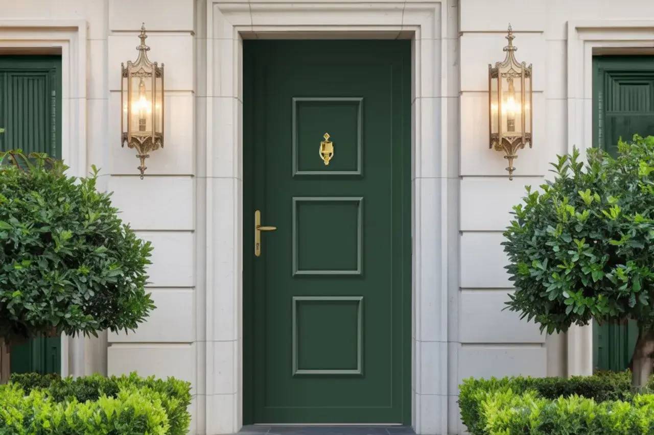 La porte d'entrée vert foncé est entourée de lanternes élégantes et de buissons taillés, donnant une impression de sophistication et de style