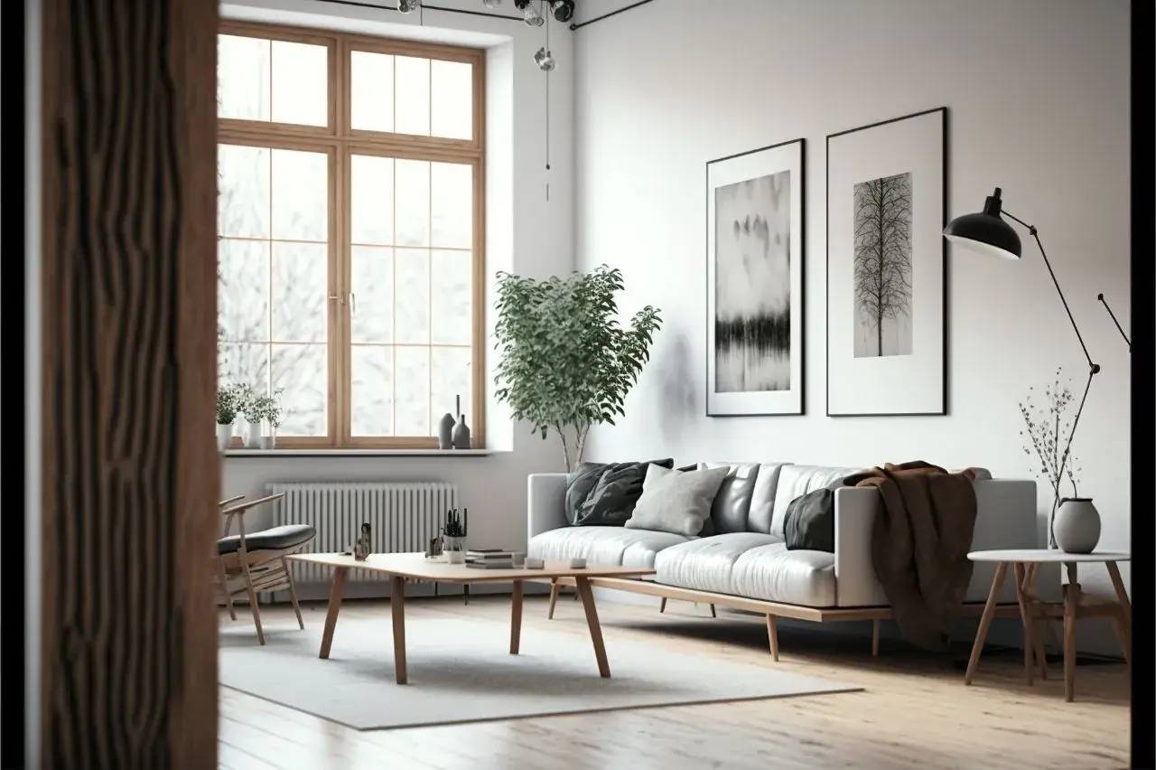 Un salon lumineux et moderne avec un canapé gris clair, des œuvres d'art minimalistes et de grandes fenêtres laissant entrer la lumière naturelle.