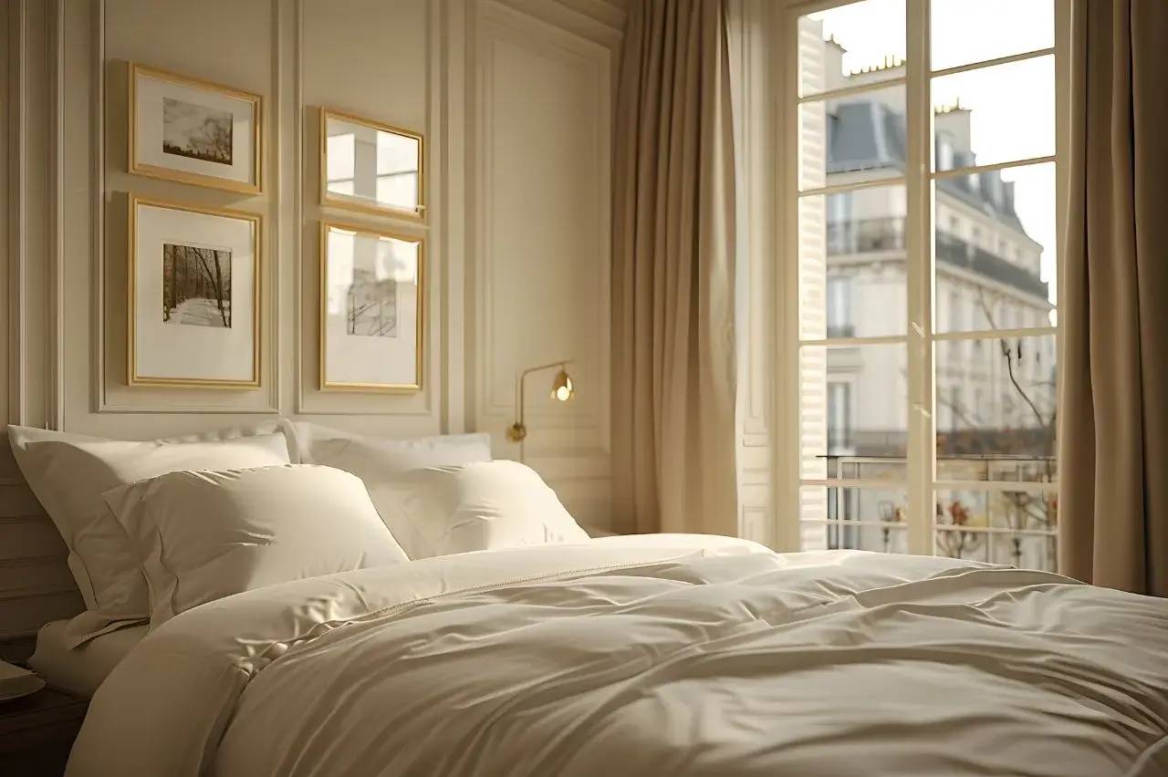 Chambre élégante avec lit douillet et grandes fenêtres donnant sur des bâtiments parisiens.