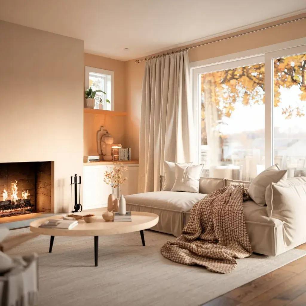 Un salon chaleureux et lumineux avec une cheminée allumée, un canapé beige confortable, une table basse en bois, et une vue sur l'extérieur agr