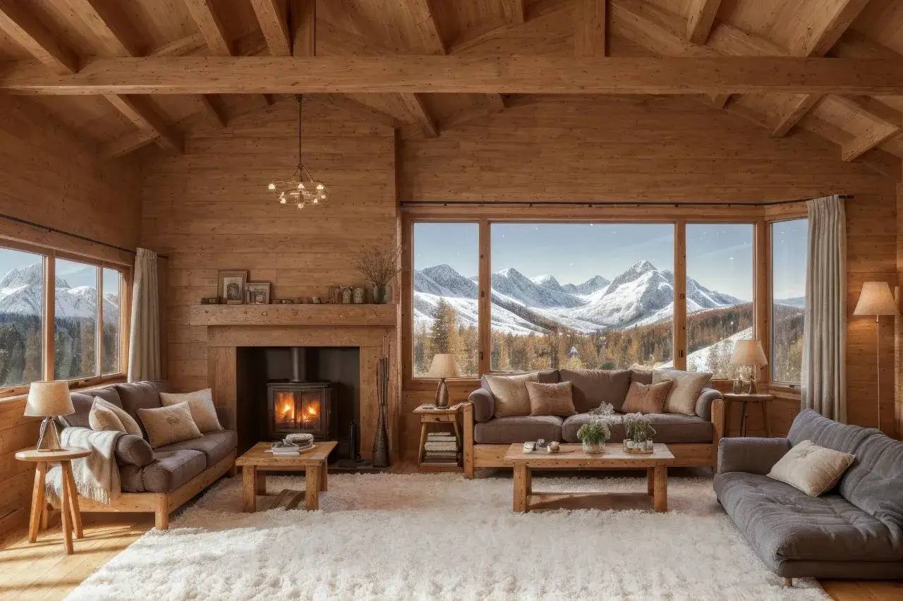 Un salon chaleureux en bois avec une cheminée, offrant une vue panoramique sur des montagnes enneigées par des fenêtres généreuses.