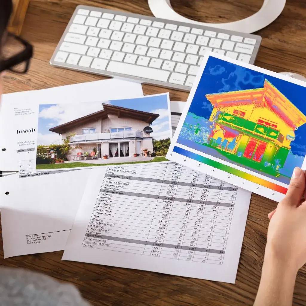 Un bureau avec des documents comprenant une photo d'une maison, une image thermique et un clavier d'ordinateur.