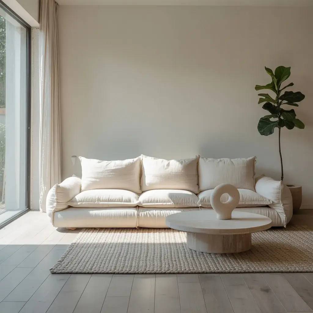 Un salon minimaliste avec un canapé blanc, une table basse ronde en bois et une plante verte, baigné de lumière naturelle.