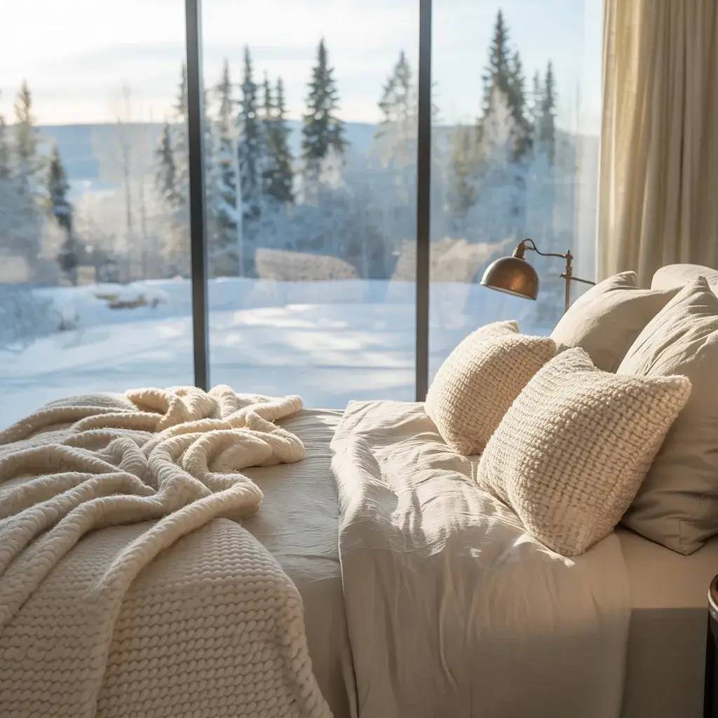 Une chambre cocooning avec lit douillet et grandes baies vitrées offrant une vue sur un paysage enneigé et boisé.