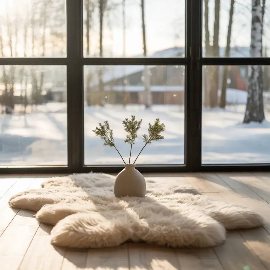 Un vase simple contenant des branches vertes reposant sur un tapis en fausse fourrure, baigné par la lumière naturelle d'une grande baie