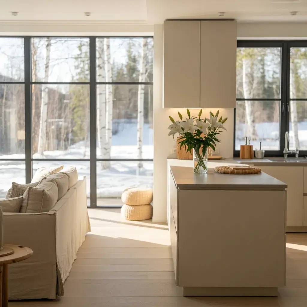 Cette image montre une cuisine moderne et lumineuse avec de grandes fenêtres offrant une vue sur un paysage enneigé, mettant en valeur un îlot central