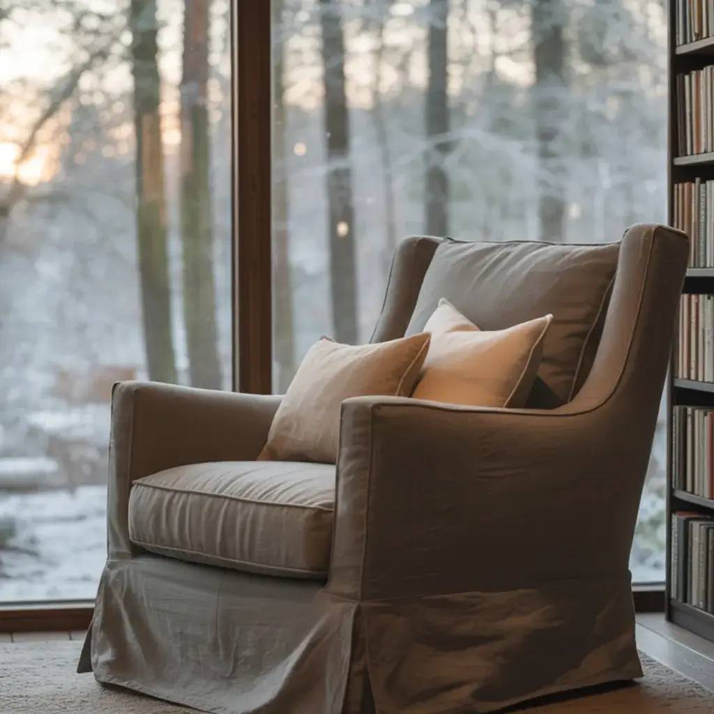 Un fauteuil confortable avec des coussins est placé près d'une grande fenêtre donnant sur une forêt enneigée, créant une atmosphère cosy et ap