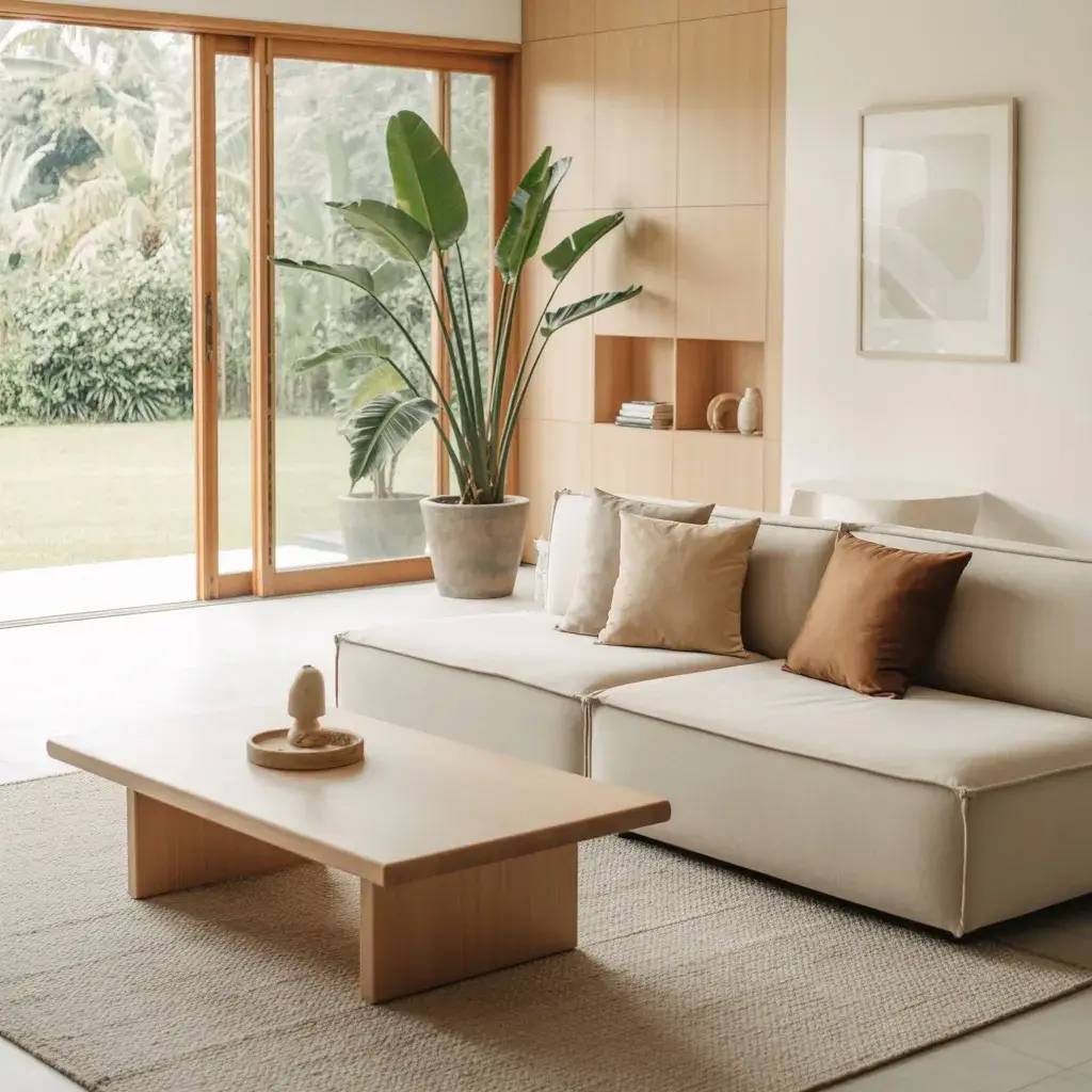 Un salon moderne et lumineux avec un canapé beige, une table basse en bois clair, des coussins assortis et une grande plante près d'une baie