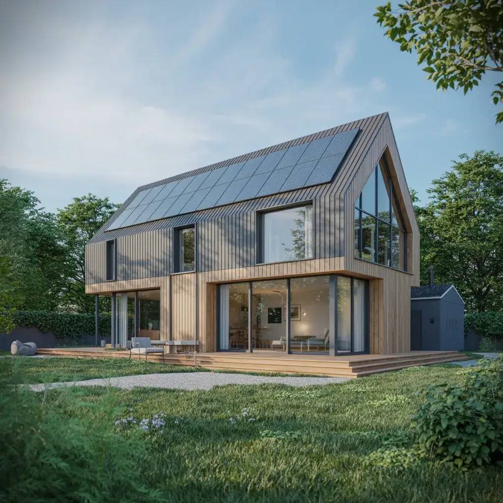 Maison moderne en bois avec de grandes fenêtres, entourée de verdure, dotée de panneaux solaires sur le toit.