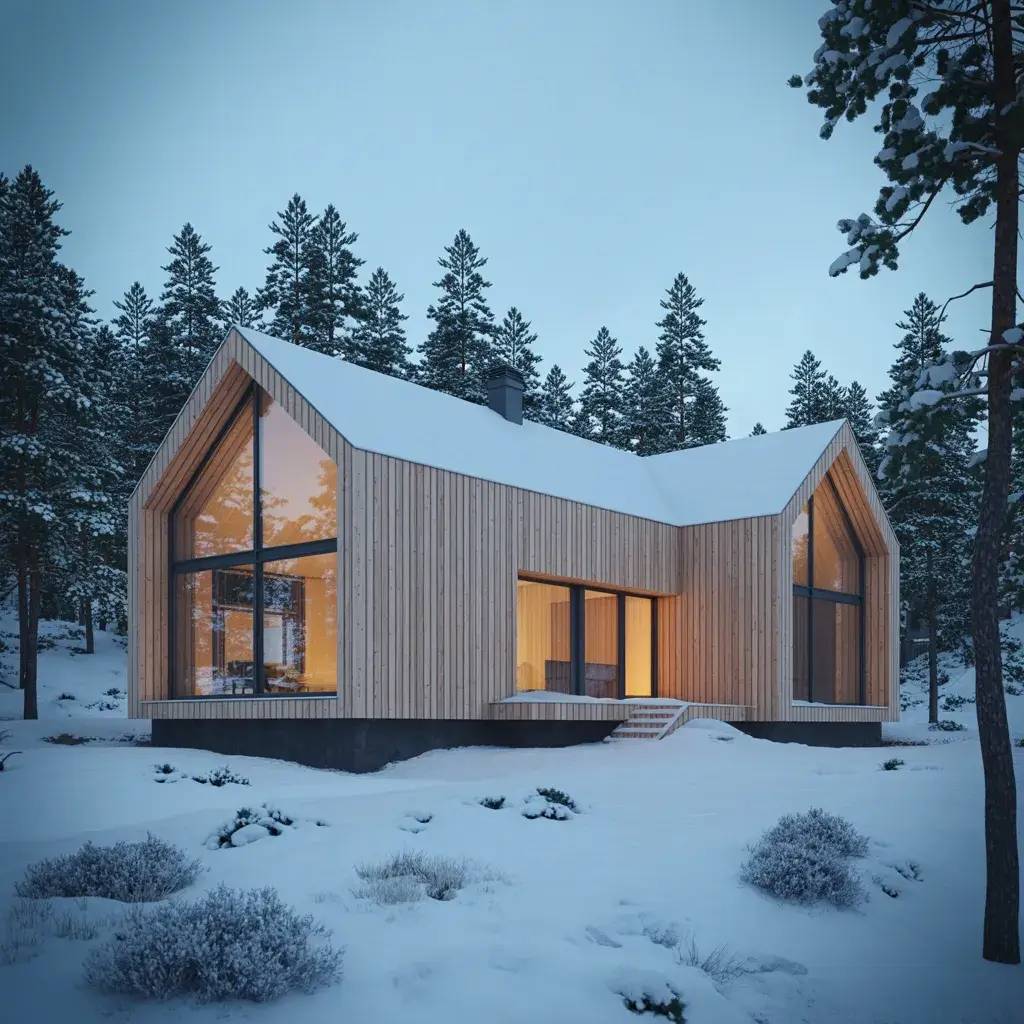 Chalet moderne en bois avec grandes fenêtres, niché dans un paysage enneigé et entouré de pins.