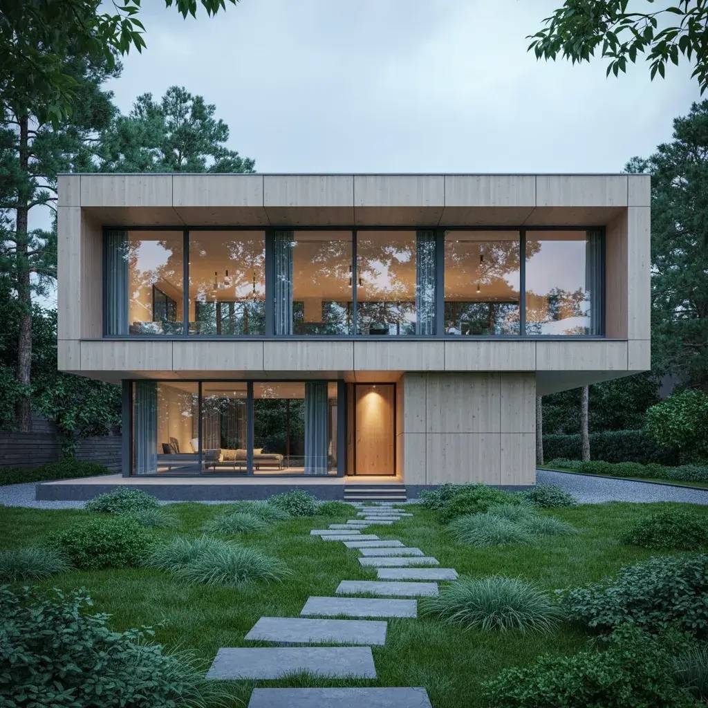 Maison contemporaine en bois avec de grandes baies vitrées, entourée d'un jardin verdoyant et d'un chemin en pierre.