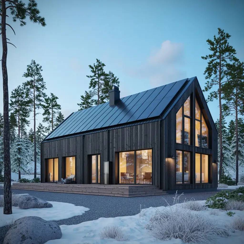 Une maison moderne en bois sombre avec de grandes fenêtres illuminées, nichée dans un paysage enneigé et boisé.