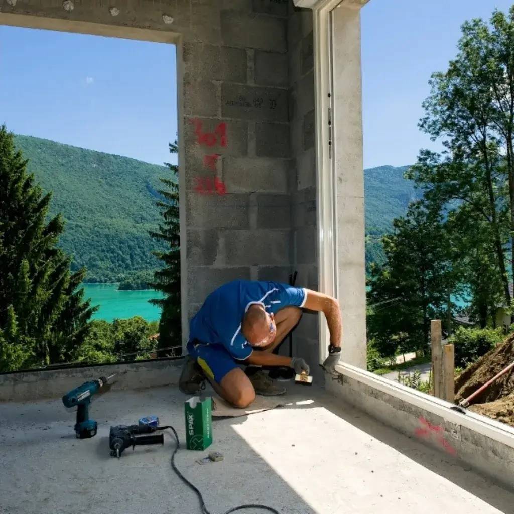 Un homme en tenue de travail installe une fenêtre dans une maison en construction, avec vue sur un paysage montagneux et un lac en arrière-plan.