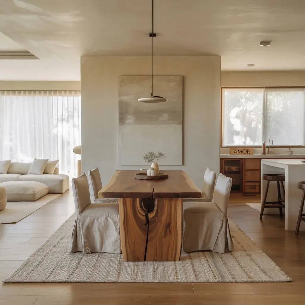 Une salle à manger moderne et lumineuse avec une grande table en bois massif, des chaises élégantes et une décoration minimaliste.