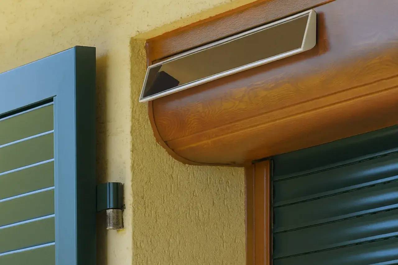 Un volet roulant moderne en bois avec une fenêtre à lattes vertes et un mur en crépi beige.