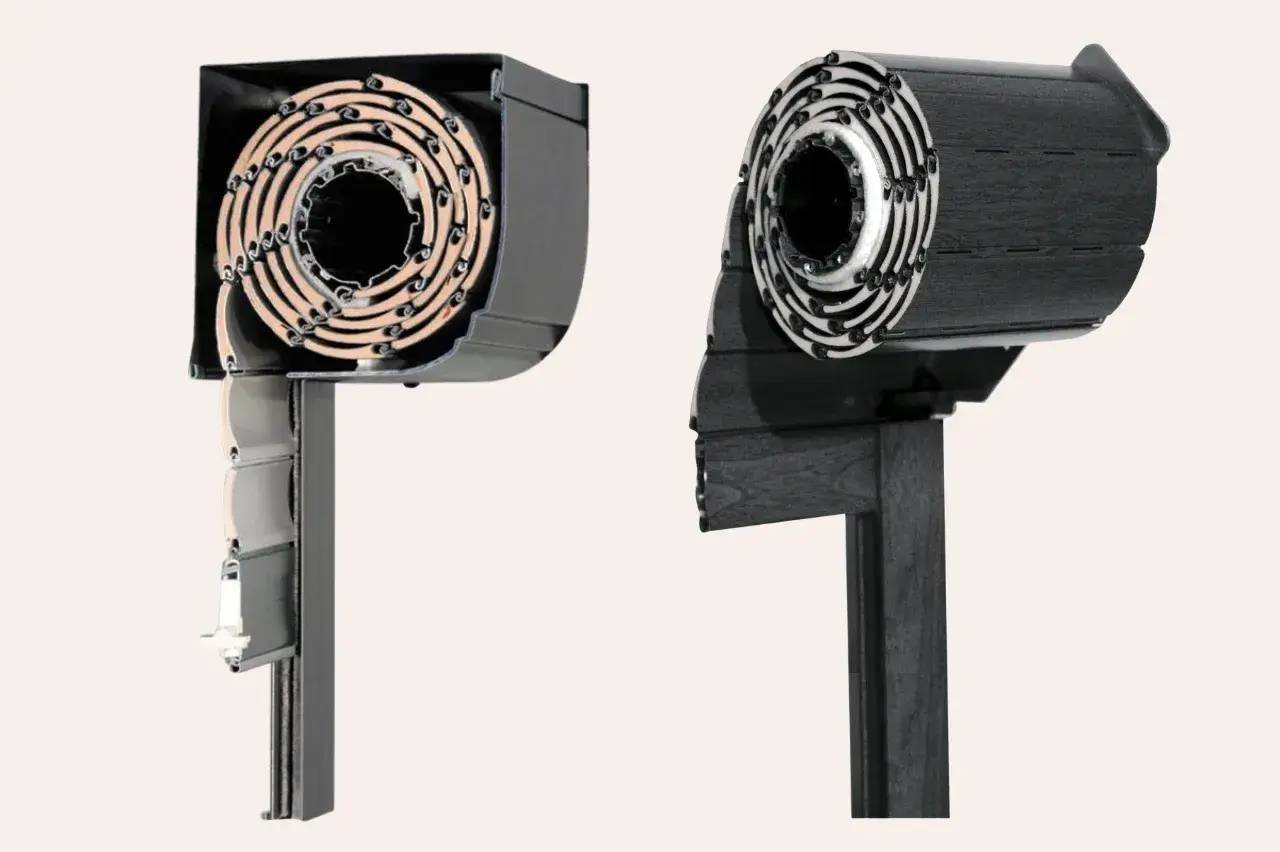 Deux représentations d'un mécanisme de volet roulant noir, montrant le système d'enroulement.