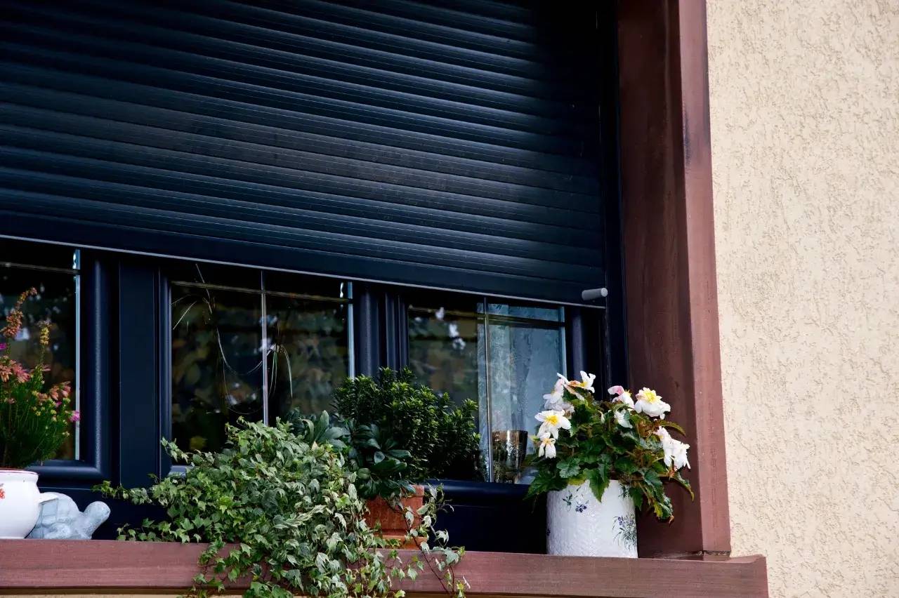 Une fenêtre avec un volet roulant noir est ornée de plusieurs plantes en pot.