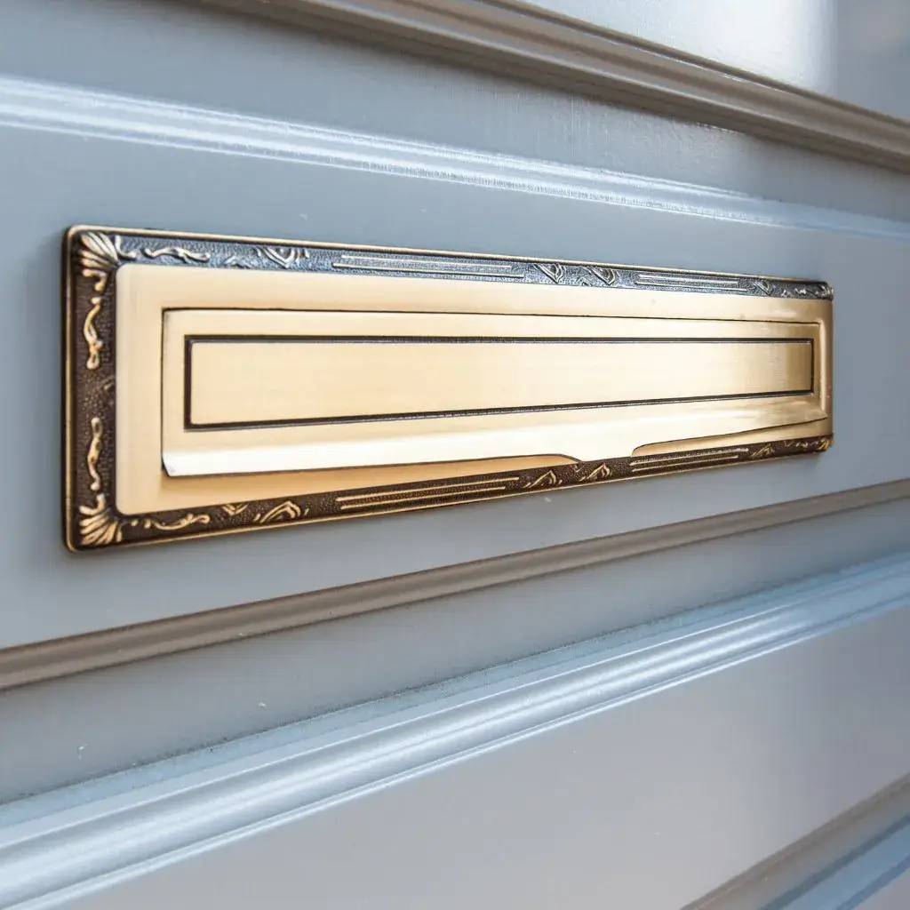 Une boîte aux lettres élégante en métal doré, ornée de motifs décoratifs, est installée sur une porte bleue.