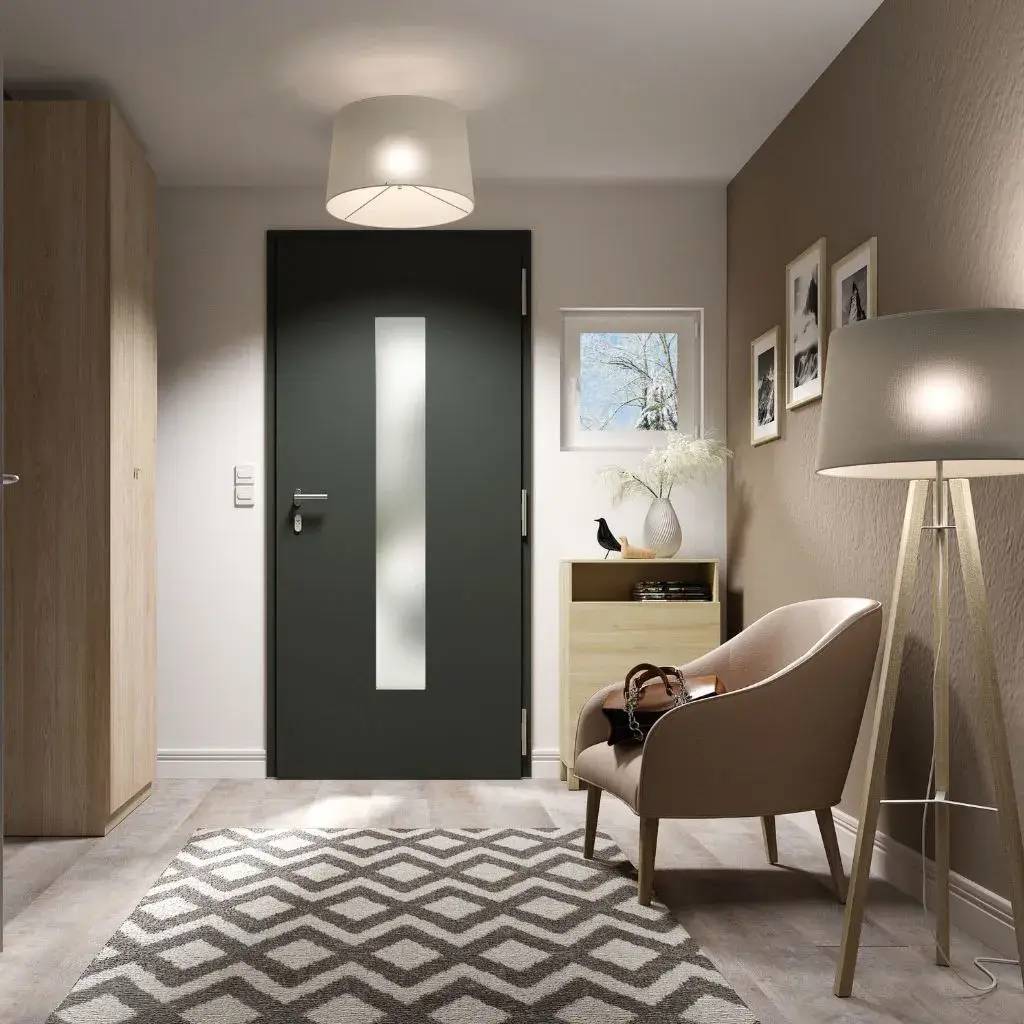 Un hall d'entrée moderne et élégant avec une porte noire, un fauteuil beige, un tapis à motifs géométriques, et un éclairage doux.