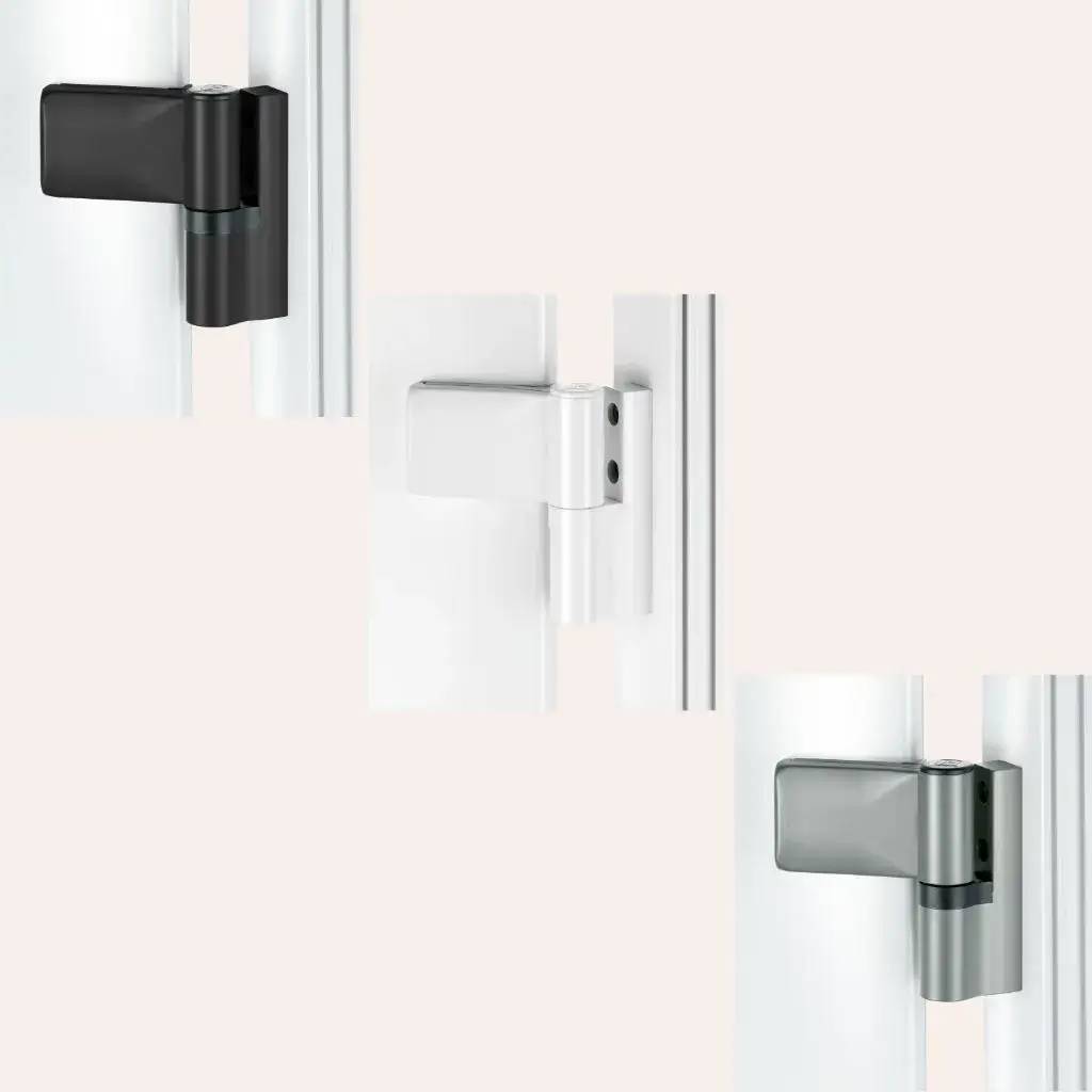 Trois charnières de porte en noir, blanc et gris sont illustrées sur fond clair.