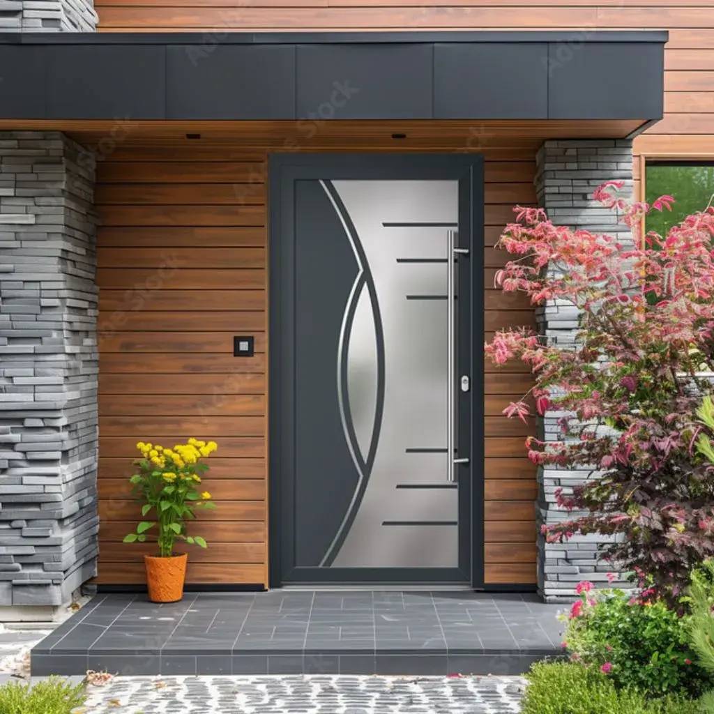 Une entrée moderne avec une porte en métal au design élégant, entourée de murs en bois et en pierre, et agrémentée de plantes décoratives