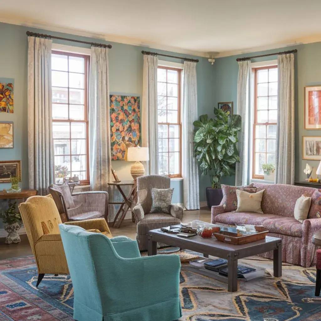 Un salon lumineux et accueillant avec des meubles éclectiques, des œuvres d'art colorées et de grandes fenêtres drapées.