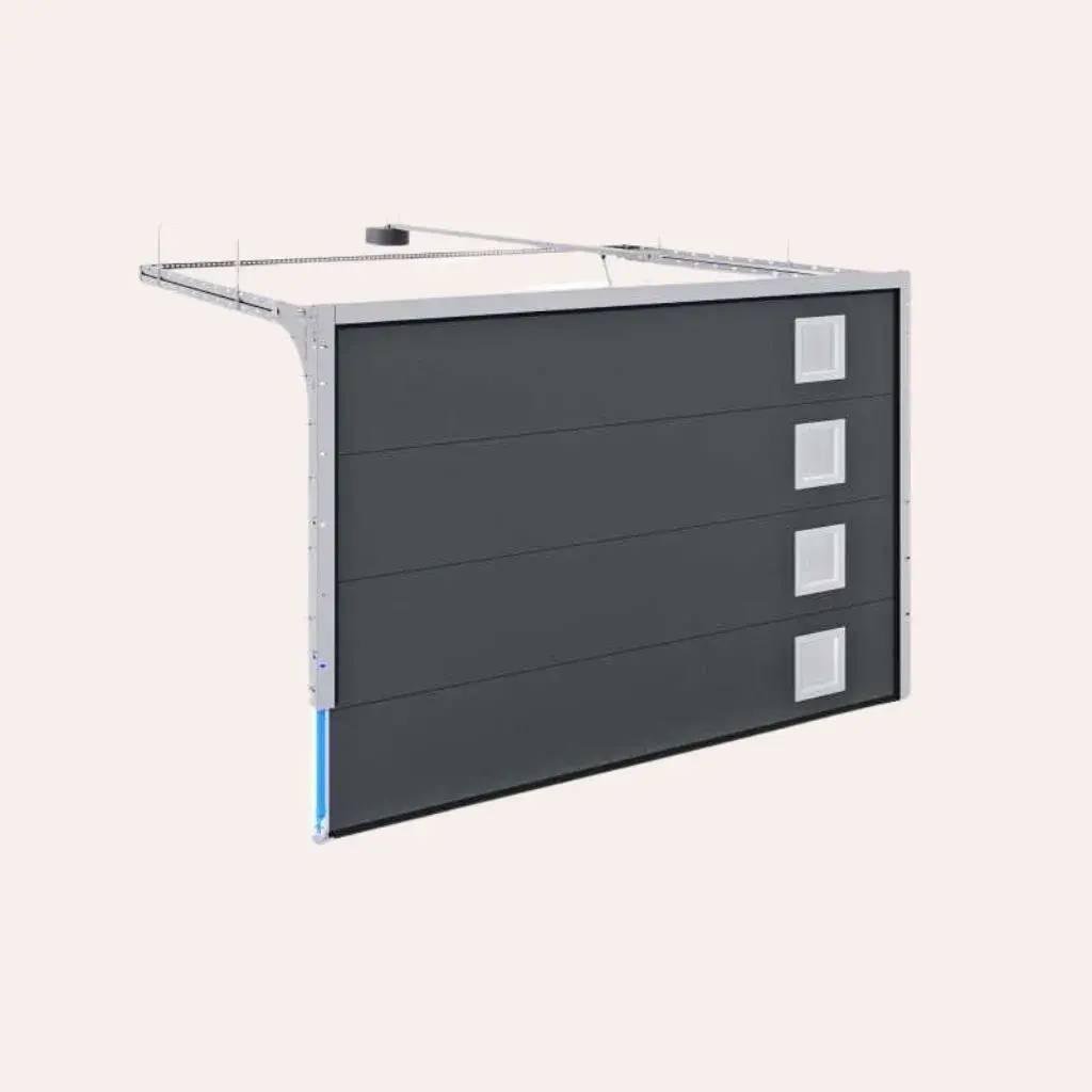 Une porte de garage sectionnelle grise avec des fenêtres carrées, installée en position ouverte.