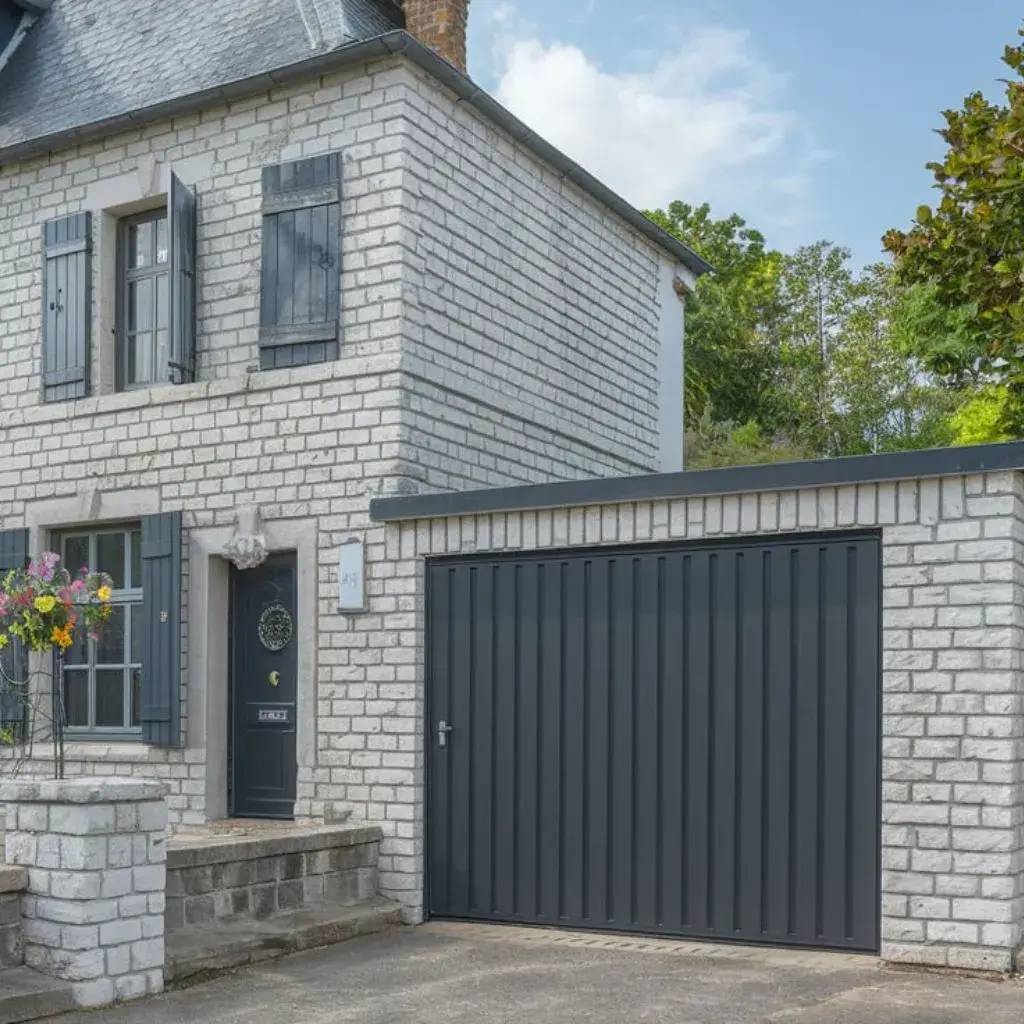 Maison en brique blanche avec garage gris et volets bleu foncé, entourée de verdure.