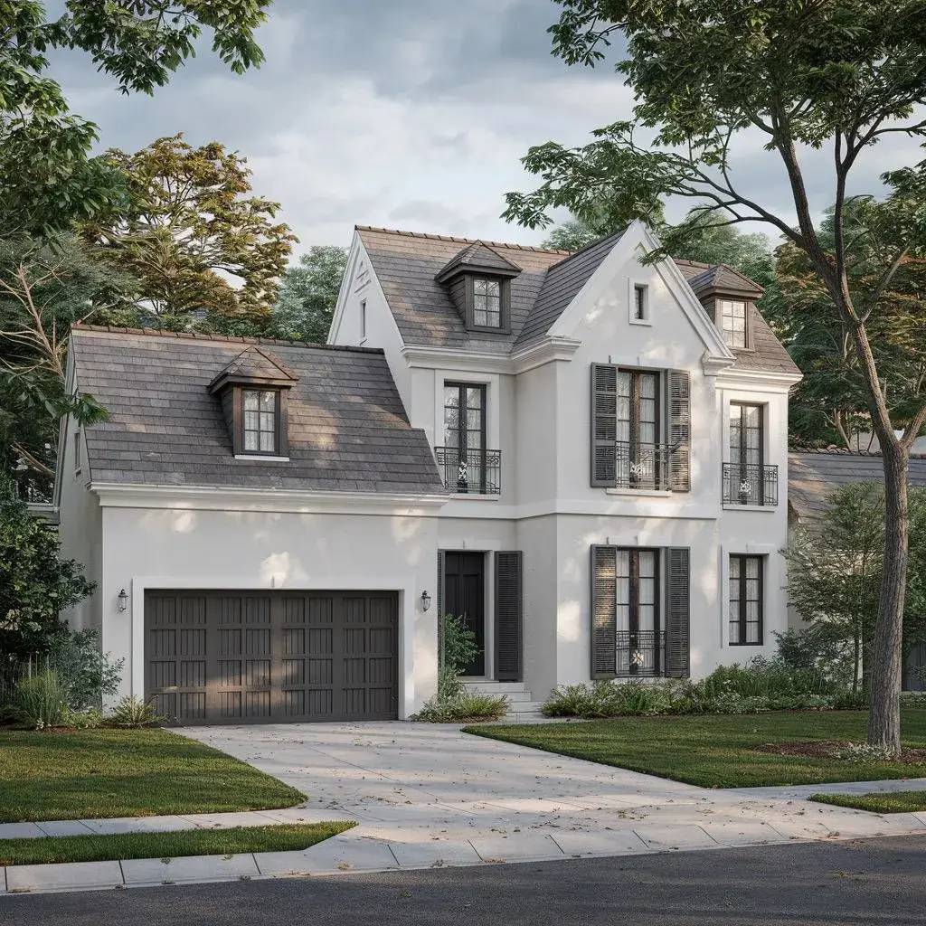 Maison élégante de style classique avec toit à forte pente, grande porte de garage et entourée de verdure.