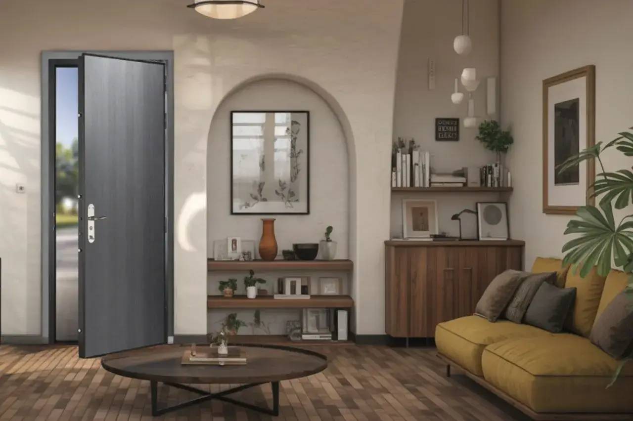 Cette image montre un salon moderne et accueillant avec une porte ouverte, un canapé jaune, des étagères décorées, et un parquet en bois