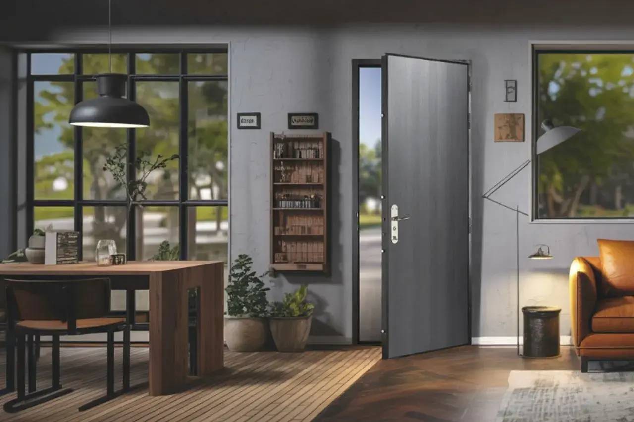 Un intérieur moderne et lumineux avec une porte ouverte sur un espace verdoyant, entouré de meubles en bois et de plantes.