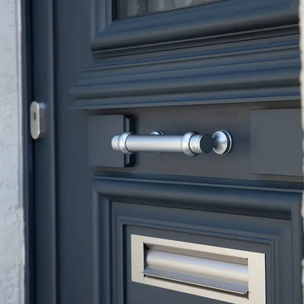 Poignée de porte moderne en métal argenté sur fond de porte sombre avec une fente pour courrier intégrée.